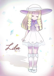 Rule 34 | 1girl, absurdres, akika 821, artist name, blonde hair, blunt bangs, braid, character name, clenched hands, closed eyes, closed mouth, collarbone, collared dress, commentary request, creatures (company), dress, eyelashes, frown, full body, game freak, hand up, hat, hat ribbon, highres, kneehighs, lillie (pokemon), long hair, nintendo, pokemon, pokemon sm, ribbon, see-through, shoes, socks, solo, standing, sun hat, sundress, twin braids, white dress, white hat, white socks