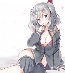 Rule 34 | 10s, 1girl, alternate costume, arm support, bed sheet, black skirt, blue eyes, blush, breasts, center opening, cleavage, clothes pull, collarbone, female focus, finger to mouth, hair between eyes, hair ribbon, highres, kantai collection, kashima (kancolle), light smile, looking at viewer, no bra, no panties, pleated skirt, ribbon, shikuro (iorimiyakiyo), silver hair, sitting, skirt, skirt pull, solo, twintails, unbuttoned, wavy hair, yokozuwari