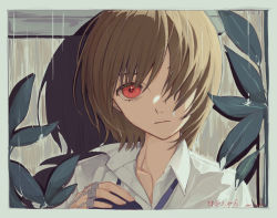 Rule 34 | 1boy, :|, artist name, border, chain, closed mouth, collarbone, collared shirt, commentary, dated, english commentary, expressionless, green border, hair over one eye, hand up, highres, hunter x hunter, jewelry, kurapika, leaf, looking at viewer, male focus, multiple rings, neri (3 qmijfj), one eye covered, open collar, plant, rain, red eyes, ring, shirt, solo, twitter username, upper body, white shirt