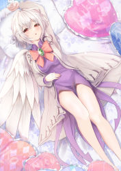 Rule 34 | 1girl, :o, absurdres, angel wings, arm above head, arm up, artist name, bare legs, blush, bow, bowtie, breasts, brooch, dress, feathered wings, feet out of frame, frilled pillow, frills, grey hair, hair between eyes, heart, heart-shaped pillow, highres, jacket, jewelry, kishin sagume, knees, large breasts, legs, long sleeves, looking at viewer, lying, niko kusa, on back, open mouth, pillow, purple dress, red bow, red bowtie, red eyes, short hair, single wing, solo, thighs, touhou, white wings, wings