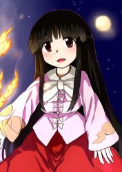 Rule 34 | 1girl, bad id, bad pixiv id, black hair, bow, dai-erie, fire, houraisan kaguya, japanese clothes, long hair, moon, open mouth, pyrokinesis, red eyes, ribbon, skirt, smile, solo, touhou