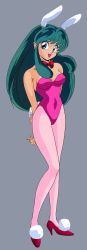 Rule 34 | 1girl, animal ears, arms behind back, blue eyes, bow, bowtie, breasts, cleavage, detached collar, eyeshadow, fake animal ears, full body, green eyes, green hair, high heels, highres, horns, leotard, lipstick, long hair, lum, makeup, matching hair/eyes, medium breasts, official art, oni, open mouth, pantyhose, pink pantyhose, playboy bunny, pointy ears, rabbit ears, rabbit tail, simple background, solo, tail, urusei yatsura