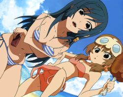 Rule 34 | 00s, 2girls, :d, :p, age difference, armpits, bandeau, bare shoulders, beach, bent over, bikini, blue hair, boned meat, bottle, breast hold, breasts, brown hair, casual one-piece swimsuit, child, cleavage, clothes pull, cloud, crossed arms, day, dutch angle, earrings, flat chest, food, goggles, goggles on head, groin, hair bobbles, hair ornament, jewelry, kotona elegance, large breasts, leaning forward, leg lift, long hair, lotion, lowleg, lowleg bikini, meat, multiple girls, official art, one-piece swimsuit, one-piece swimsuit pull, open mouth, outdoors, purple eyes, re mii, red eyes, sakai kyuuta, short hair, short twintails, side-tie bikini bottom, sideboob, sky, smile, standing, striped bikini, striped clothes, sunscreen, swimsuit, thigh gap, tongue, tongue out, twintails, wardrobe malfunction, water, wet, zoids, zoids genesis
