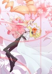 Rule 34 | 10s, 1boy, 1girl, big hair, blonde hair, boots, bow, dress, drill hair, eyepatch, glasses, hair bow, harime nui, highres, iori shirou, kill la kill, lab coat, life fiber, long hair, mouth mask, nisemurajinkusu, pink bow, pink footwear, pinky out, ponytail, smile, surgical mask, thread, twin drills, twintails, wrist cuffs