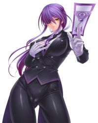 Rule 34 | 1girl, breasts, butler, cameltoe, eyepatch, female focus, formal, gloves, hand on own chest, kagami hirotaka, large breasts, long hair, looking at viewer, ofuda, onmyou kishi towako, purple hair, shiki reika, skin tight, smile, solo, yellow eyes