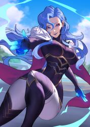 Rule 34 | 1girl, black unitard, blue eyes, blue hair, bodysuit, breasts, cape, closed mouth, estelle (omega strikers), highres, leotard, long hair, medium breasts, mole, mole under eye, omega strikers, phamoz, pointing, pointing at viewer, sky, smile, solo