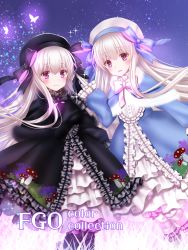 Rule 34 | 2girls, alice (fate), black bow, black dress, black gloves, black headwear, blue bow, blue dress, bow, bowtie, bug, butterfly, closed mouth, doll joints, dress, fate/extra, fate/grand order, fate (series), food print, frilled dress, frills, gloves, hat, hat bow, bug, joints, long hair, looking at viewer, multiple girls, mushroom print, nursery rhyme (fate), open mouth, print dress, purple bow, purple eyes, smile, white bow, white gloves, white hair, white headwear, yuzushiro