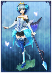 Rule 34 | 1girl, armor, blue eyes, bug, butterfly, crown, detached sleeves, dress, greaves, gwendolyn (odin sphere), insect, leg wings, low wings, odin sphere, polearm, pteruges, short hair, solo, spear, strapless, strapless dress, thighhighs, tierra818, valkyrie, weapon, white hair, wings