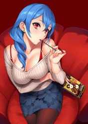 Rule 34 | 1girl, arm under breasts, bad id, bad pixiv id, blue hair, blue skirt, blush, bra, bra strap, breast hold, breasts, brown pantyhose, chair, cleavage, collarbone, crossed bangs, crossed legs, earrings, food, from above, grey sweater, hair between eyes, head tilt, holding, holding food, jewelry, large breasts, long hair, looking at viewer, minori (sugarbeat), nail polish, o-ring, off-shoulder sweater, off shoulder, original, pantyhose, parted lips, pencil skirt, pink nails, red background, red bra, sidelocks, sitting, skirt, solo, stud earrings, sugarbeat, sweater, toppo, underwear, valentine, wavy hair