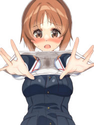 Rule 34 | 1girl, blaze (blazeillust), blush, breast pocket, breasts, brown eyes, brown hair, girls und panzer, highres, holding, holding panties, holding underwear, large breasts, looking at viewer, military, military uniform, nishizumi miho, ooarai military uniform, open mouth, panties, unworn panties, pocket, presenting removed panties, pussy juice stain, short hair, simple background, solo, stained panties, underwear, uniform, upper body, wet, wet clothes, wet panties, white background, white panties