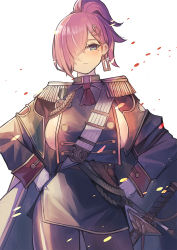 Rule 34 | 1girl, aiguillette, azur lane, black jacket, black skirt, breasts, earrings, epaulettes, gloves, green eyes, hair ornament, hair over one eye, hairclip, hands on own hips, jacket, jacket on shoulders, jewelry, large breasts, looking at viewer, medal, military, military uniform, mole, mole under eye, one eye covered, oversized clothes, pantyhose, pencil skirt, petals, ponytail, purple hair, sea nami, sheath, sideboob, simple background, skirt, solo, standing, sword, trieste (azur lane), uniform, weapon, white background, white gloves