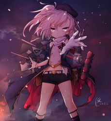 Rule 34 | 1girl, azur lane, belt, beret, cloud, cloudy sky, commentary request, cowboy shot, cross, frown, gloves, hat, highres, iron cross, kusibu yt, looking at viewer, navel, one side up, outstretched arm, rigging, short shorts, shorts, sky, standing, torpedo, torpedo tubes, white gloves, white hair, z1 leberecht maass (azur lane)