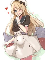 Rule 34 | 1girl, blonde hair, blue eyes, blue sailor collar, cowboy shot, dress, gloves, hat, jervis (kancolle), kantai collection, looking at viewer, machinery, mashayuki, one eye closed, open mouth, sailor collar, sailor dress, sailor hat, short sleeves, smile, solo, sparkle, twitter username, white background, white dress, white gloves, white hat