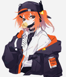 Rule 34 | 1girl, a.i. voice, adachi rei, alternate costume, backwards hat, baseball cap, chewing gum, collared shirt, computer chip, gloves, grey hat, grey jacket, hair between eyes, hair ornament, haisoufx, hat, headlamp, highres, jacket, jewelry, lens eye, long sleeves, looking at viewer, mask, mask around neck, medium hair, mouth mask, necklace, off shoulder, one side up, open clothes, open jacket, orange eyes, orange hair, radio antenna, shirt, simple background, solo, turtleneck, upper body, utau, white background, white gloves, white shirt