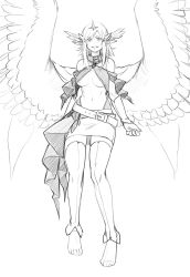Rule 34 | 1girl, angel, angel wings, belt, breasts, cape, collar, feet, flying, greyscale, highres, less, looking at viewer, miniskirt, monochrome, navel, pointy ears, skirt, solo, underboob, wings
