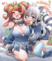 Rule 34 | 2girls, absurdres, animal ears, antenna hair, bad id, bad twitter id, biting, blue bow, blue dress, blue eyes, blue hair, bonnie (bunny gif), bow, breasts, cleavage, commentary, dress, drooling, ear biting, english commentary, fukumaaya, fur scarf, hair bow, heart, heart antenna hair, heart hair, high heels, highres, indie virtual youtuber, large breasts, long hair, multicolored hair, multiple girls, open mouth, purple eyes, rabbit ears, rabbit girl, raccoon ears, raccoon girl, raccoon tail, second-party source, skindentation, snuffy (vtuber), sparkling eyes, streaked hair, tail, thighhighs, twintails, v-shaped eyebrows, very long hair, virtual youtuber, yuri
