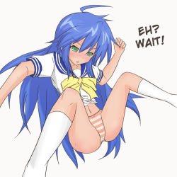 Rule 34 | 00s, ahoge, hard-translated, izumi konata, kadokeshi, lucky star, panties, school uniform, spread legs, third-party edit, translated, underwear