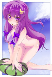 Rule 34 | 1girl, all fours, bare shoulders, bikini, blush, bottomless, bow, breasts, crescent, crescent hair ornament, face, female focus, food, fruit, hair bow, hair ornament, highres, long hair, patchouli knowledge, purple hair, solo, suikamaru, swimsuit, touhou, very long hair, watermelon
