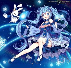 Rule 34 | 1girl, amick (americanomix), artist name, bad id, bad pixiv id, blue dress, blue eyes, blue hair, detached sleeves, dress, fingerless gloves, full body, gloves, hair ornament, hairclip, hatsune miku, long hair, looking at viewer, one eye closed, open mouth, rabbit, sky, snowflakes, star (sky), star (symbol), starry sky, twintails, very long hair, vocaloid, wand, yuki miku, yukine (vocaloid)