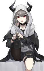 Rule 34 | 1girl, arknights, black choker, choker, commentary request, female focus, grey hair, hair between eyes, highres, hood, horn/wood, horns, long sleeves, open mouth, red eyes, short hair, sitting, solo, vulcan (arknights), white background, wristband