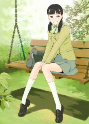 Rule 34 | 1girl, bench, branch, ghost, leaf, low twintails, nanahime, original, scarf, school uniform, sitting, skirt, smile, solo, swing, transparent, tree, twintails