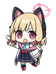 Rule 34 | 1girl, animal ear headphones, animal ears, bell (oppore coppore), black skirt, black thighhighs, blonde hair, blue archive, blue necktie, blush, chibi, collared shirt, commentary request, fake animal ears, full body, halo, headphones, highres, jacket, long sleeves, looking at viewer, momoi (blue archive), necktie, open mouth, pink halo, pleated skirt, red eyes, shirt, short hair, simple background, skirt, solo, thighhighs, white background, white jacket, white shirt, wide sleeves