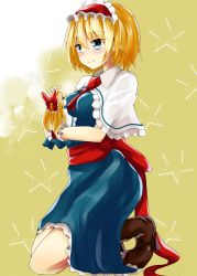 Rule 34 | 1girl, alice margatroid, ascot, bad id, bad pixiv id, blonde hair, blue dress, blue eyes, blush, boots, bow, breasts, brown footwear, capelet, closed mouth, cross-laced footwear, dress, from side, full body, hair bow, hairband, highres, kneeling, lace-up boots, lolita hairband, long hair, medium breasts, red bow, sash, shanghai doll, short hair, smile, solo, touhou, wrist cuffs, yellow background, yuki (snowmaiden)