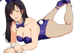 Rule 34 | 1girl, alternate costume, animal ears, ass, bare arms, bare shoulders, black hair, blue bow, blue bowtie, blue footwear, blue leotard, blush, bow, bowtie, breasts, cleavage, collarbone, commentary request, detached collar, earrings, fake animal ears, feet, final fantasy, final fantasy vii, final fantasy vii remake, fishnet pantyhose, fishnets, hand on own arm, haruhisky, head tilt, high heels, jewelry, legs, leotard, lips, long hair, looking at viewer, lying, neck, on stomach, one eye closed, open mouth, pantyhose, playboy bunny, rabbit ears, rabbit tail, red eyes, simple background, smile, solo, square enix, straight hair, strapless, strapless leotard, swept bangs, tail, thick thighs, thighs, tifa lockhart, white background, wink, wrist cuffs