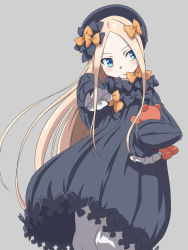 Rule 34 | 1girl, abigail williams (fate), black bow, black dress, black hat, blonde hair, bloomers, blue eyes, blush, bow, bug, butterfly, commentary request, dress, fate/grand order, fate (series), forehead, grey background, hair bow, hat, head tilt, highres, hugging object, insect, long hair, long sleeves, looking away, looking to the side, orange bow, parted bangs, parted lips, pitecube, simple background, sleeves past fingers, sleeves past wrists, solo, stuffed animal, stuffed toy, teddy bear, underwear, very long hair, white bloomers