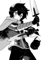 Rule 34 | 1boy, arm guards, baburo, black hair, blush, cape, cowboy shot, creature, fighting stance, gloves, greyscale, hair between eyes, holding, holding sword, holding weapon, kuga yuuma, long sleeves, looking at viewer, male focus, monochrome, o3o, outstretched arms, pants, pocket, replica, short hair, short sword, simple background, sword, torion hei, transparent sword, transparent weapon, weapon, white background, world trigger