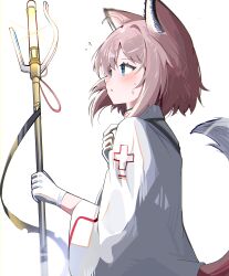 Rule 34 | 1girl, absurdres, ahoge, animal ears, arknights, blue eyes, blush, brown hair, coat, cross, fox ears, fox girl, fox tail, from side, gloves, highres, holding, holding staff, long sleeves, parted lips, red cross, short hair, simple background, solo, spam (spamham4506), staff, sussurro (arknights), sweat, tail, upper body, white background, white coat, white gloves
