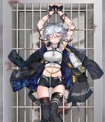 Rule 34 | 1girl, absurdres, barbed wire, bdsm, belt, unworn belt, blood, blush, bondage, bound, cowboy shot, fingerless gloves, girls&#039; frontline, gloves, guangmi, headphones, highres, jacket, jacket on shoulders, midriff, one eye closed, open mouth, pain, prison cell, restrained, second-party source, short hair, short shorts, shorts, silver hair, skindentation, solo, svch (girls&#039; frontline), tears, thighhighs, yellow eyes