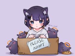 Rule 34 | 1girl, animal ear fluff, animal ears, blue eyes, blush, box, cardboard box, cat ears, cat girl, chocolate chip cookie, collarbone, commentary, cookie, creature, eating, english text, facial mark, fang, food, for adoption, gradient hair, hair ornament, halo, highres, hololive, hololive english, multicolored hair, ninomae ina&#039;nis, ninomae ina&#039;nis (loungewear), orange hair, pointy ears, purple background, purple hair, rie ccat, shirt, short hair, solo, takodachi (ninomae ina&#039;nis), tentacle hair, twitter username, virtual youtuber, whisker markings, white shirt