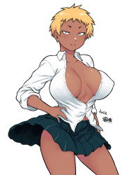 Rule 34 | 1girl, arm at side, black skirt, blonde hair, blue nails, breasts, breasts apart, collared shirt, commentary request, covered erect nipples, dark-skinned female, dark skin, dated, earrings, fingernails, gyaru, hand on own hip, jewelry, kogal, large breasts, nail polish, no bra, original, paid reward available, partially unbuttoned, pleated skirt, school uniform, shirt, short hair, signature, skirt, sleeves rolled up, slit pupils, smile, solo, tsukudani (coke-buta), tsurime, white shirt