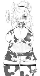Rule 34 | 1girl, alpaca ears, alpaca girl, alpaca suri (kemono friends), alpaca tail, alternate breast size, alternate costume, anger vein, angry, animal ears, animal print, arms behind back, bangs, bare shoulders, bell, neck bell, belt, bikini, bikini top, blush, breasts, cleavage, collar, commentary request, cow print, curvy, dated, elbow gloves, embarrassed, eyebrows visible through hair, fake horns, gloves, greyscale, hair over one eye, hairband, half-closed eye, highres, horns, huge breasts, kemono friends, looking at viewer, medium hair, monitor, monochrome, navel, panty straps, parted bangs, parted lips, print bikini, print gloves, print legwear, print shorts, print swimsuit, shaded face, short shorts, shorts, signature, simple background, skindentation, solo, stomach, sweat, swimsuit, tail, translation request, trembling, underboob, v-shaped eyebrows, white background, wide hips, yoshida hideyuki