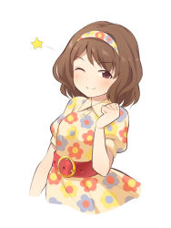 Rule 34 | 1girl, ;), bad id, bad pixiv id, belt, belt buckle, blush, breasts, brown dress, brown eyes, brown hair, buckle, closed mouth, collared dress, dress, floral print, hairband, idolmaster, idolmaster cinderella girls, looking at viewer, medium breasts, nagatomi hasumi, one eye closed, print dress, print hairband, puffy short sleeves, puffy sleeves, red belt, short sleeves, simple background, smile, solo, star (symbol), uccow, v-shaped eyebrows, white background, white hairband