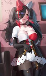 Rule 34 | 1girl, animal ear fluff, animal ears, black hair, blush, breasts, card, cleavage, collarbone, frikulu, hair ornament, hair over one eye, highres, hololive, large breasts, long hair, looking at viewer, multicolored hair, ookami mio, ookami mio (wonderland), open mouth, orange eyes, playing card, red hair, solo, streaked hair, tail, tail around own leg, tail wrap, twintails, virtual youtuber, wolf ears, wolf girl, wolf tail