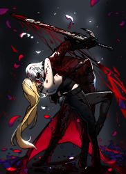 Rule 34 | 1boy, 1girl, belt, blonde hair, blood, blood on face, blood on clothes, blood in hair, bloody weapon, dante (devil may cry), devil may cry (series), gloves, hallot, highres, holding, holding sword, holding weapon, long hair, medium hair, petals, shaded face, smile, sword, teeth, trish (devil may cry), weapon
