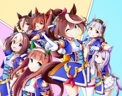 Rule 34 | 6+girls, :d, animal ears, arm on own head, blue eyes, blue jacket, breasts, brown eyes, brown hair, brown headwear, closed mouth, commentary request, cropped jacket, daiwa scarlet (umamusume), ear covers, gloves, gold ship (umamusume), grey hair, grin, hair between eyes, hair intakes, hair over one eye, hat, highres, horse ears, horse girl, horse tail, jacket, kuena, long hair, mejiro mcqueen (umamusume), mini hat, multicolored hair, multiple girls, open clothes, open jacket, open mouth, outstretched arm, pleated skirt, pointing, pointing at viewer, ponytail, puffy short sleeves, puffy sleeves, purple eyes, purple hair, shirt, short sleeves, silence suzuka (umamusume), skirt, small breasts, smile, special week (umamusume), streaked hair, tail, thighhighs, tiara, tokai teio (umamusume), twintails, umamusume, very long hair, vodka (umamusume), white gloves, white hair, white shirt, white skirt, white thighhighs