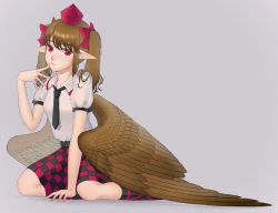 Rule 34 | bird wings, black necktie, black skirt, black socks, brown hair, brown wings, channel ikihaji, checkered clothes, checkered skirt, collared shirt, commentary request, feathered wings, frilled shirt collar, frills, full body, grey background, hair ribbon, hat, himekaidou hatate, leg ribbon, long hair, necktie, pointy ears, puffy short sleeves, puffy sleeves, purple hat, purple ribbon, purple skirt, revision, ribbon, shirt, short sleeves, simple background, skirt, socks, tokin hat, touhou, twintails, two-tone skirt, two side up, white shirt, wings
