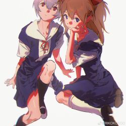 Rule 34 | 2girls, absurdres, ayanami rei, black footwear, black socks, blue eyes, blue skirt, blue vest, bow, bowtie, brown hair, chinese commentary, closed mouth, collared shirt, commentary request, expressionless, eyelashes, full body, hair bow, hand on own chest, high-waist skirt, highres, knee up, kneehighs, kneeling, long hair, looking at viewer, mary janes, miniskirt, multiple girls, neon genesis evangelion, open clothes, open vest, red bow, red bowtie, red eyes, riko-m, sailor collar, school uniform, shirt, shoes, short sleeves, simple background, sitting, skirt, smile, socks, souryuu asuka langley, tokyo-3 middle school uniform, twintails, vest, watermark, weibo logo, weibo watermark, white background, white footwear, white sailor collar, white shirt, white sleeves, white socks