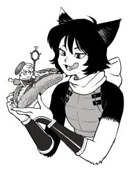 Rule 34 | 2girls, animal ears, arm guards, armor, body fur, capelet, cat ears, cat girl, chibi, cropped torso, dungeon meshi, elf, fangs, fingernails, fleeing, food, food on hair, food on head, gaman hada, greyscale, heart, highres, holding, holding food, holding staff, hood, hood down, hooded capelet, in food, izutsumi, korean commentary, leather armor, licking lips, long hair, long sleeves, looking at food, marcille donato, mini person, minigirl, monochrome, multiple girls, object on head, open mouth, outstretched arm, pointy ears, sandwich, scared, scarf, sharp fingernails, short hair, simple background, size difference, sleeveless, staff, tongue, tongue out, upper body