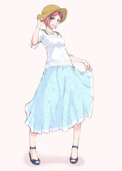 Rule 34 | 1girl, :d, blue eyes, blue skirt, full body, grey background, hand up, hat, hi iro, highres, looking at viewer, open mouth, original, pink hair, sandals, shirt, short hair, simple background, skirt, skirt hold, smile, solo, sun hat, white shirt