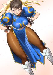 Rule 34 | 1girl, blue dress, boots, bracelet, breasts, brown eyes, brown hair, brown pantyhose, bun cover, capcom, china dress, chinese clothes, chun-li, cross-laced footwear, double bun, dress, eyeliner, gold trim, hair bun, hands on own hips, highres, jewelry, large breasts, lipstick, makeup, pantyhose, pelvic curtain, petals, pink lips, puffy sleeves, sash, shigenobu, short sleeves, side slit, smile, solo, spiked bracelet, spikes, standing, street fighter, thick thighs, thighs, toggles, white footwear, wide hips