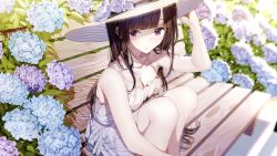 Rule 34 | 1girl, arm up, atha (leejuiping), bare arms, bare shoulders, bench, black hair, blue flower, blurry, blurry background, breasts, cleavage, commentary request, day, depth of field, dress, feet out of frame, flower, hand on headwear, hat, highres, hydrangea, knees up, long hair, medium breasts, on bench, original, outdoors, park bench, purple eyes, purple flower, sitting, sleeveless, sleeveless dress, solo, sun hat, white dress, white hat
