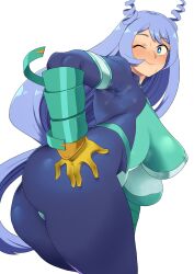 Rule 34 | 1girl, absurdres, alternate breast size, ass, ass focus, blue eyes, blue hair, bodysuit, boku no hero academia, breasts, covered erect nipples, curvy, drill hair, gloves, hadou nejire, hand on own ass, highres, huge ass, large breasts, light blue hair, long hair, looking at viewer, looking back, minakami (flyingman555), one eye closed, skin tight, smile, solo, thick thighs, thighs, very long hair, white background