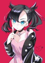 Rule 34 | 1girl, aqua eyes, asymmetrical bangs, black choker, black hair, black jacket, black nails, breasts, choker, cleavage, closed mouth, collarbone, commentary request, creatures (company), dress, earrings, eyelashes, game freak, hair ribbon, hand up, highres, index finger raised, jacket, jewelry, marnie (pokemon), medium breasts, nail polish, nintendo, off shoulder, open clothes, open jacket, pink background, pink dress, pink ribbon, pokemon, pokemon swsh, ribbon, solo, twintails, ukocome