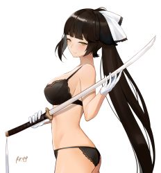 Rule 34 | 1girl, ass, azur lane, bare shoulders, black bra, black panties, blunt bangs, blush, bra, breasts, bright pupils, brown hair, closed mouth, cowboy shot, expressionless, from side, gloves, hair ribbon, half-closed eyes, high ponytail, highres, holding, holding sword, holding weapon, large breasts, long hair, looking at viewer, looking to the side, panties, ponytail, ribbon, sideboob, signature, simple background, solo, standing, straight hair, sword, takao (azur lane), tsurime, underwear, underwear only, very long hair, weapon, white background, white gloves, white ribbon, yellow eyes, yueguang zhanglang