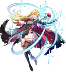Rule 34 | 1girl, armor, black footwear, black gloves, blonde hair, boots, breasts, brown eyes, cape, cleavage cutout, clothing cutout, elbow gloves, fire emblem, fire emblem: genealogy of the holy war, fire emblem heroes, full body, gloves, gradient clothes, highres, holding, lachesis (fire emblem), long hair, looking away, medium breasts, nintendo, non-web source, official alternate costume, official art, open mouth, satoupote, sheath, sheathed, shoulder armor, solo, sparkle, staff, sword, thigh boots, thighhighs, torn cape, torn clothes, transparent background, weapon, zettai ryouiki