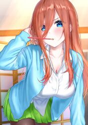 Rule 34 | 1girl, blue cardigan, blue eyes, blush, breasts, brown hair, brown pantyhose, cardigan, cleavage, collarbone, collared shirt, eyes visible through hair, food, food in mouth, go-toubun no hanayome, green skirt, hair between eyes, hand in own hair, highres, incoming pocky kiss, indoors, large breasts, leaning forward, long hair, long hair between eyes, looking at viewer, nakano miku, open cardigan, open clothes, pantyhose, pleated skirt, pocky, shiraito, shirt, shouji, skirt, sliding doors, solo